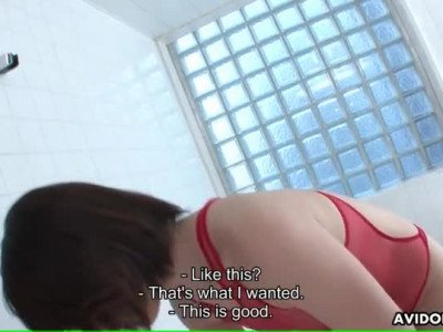  Japanese girl in lingerie massages him in the shower